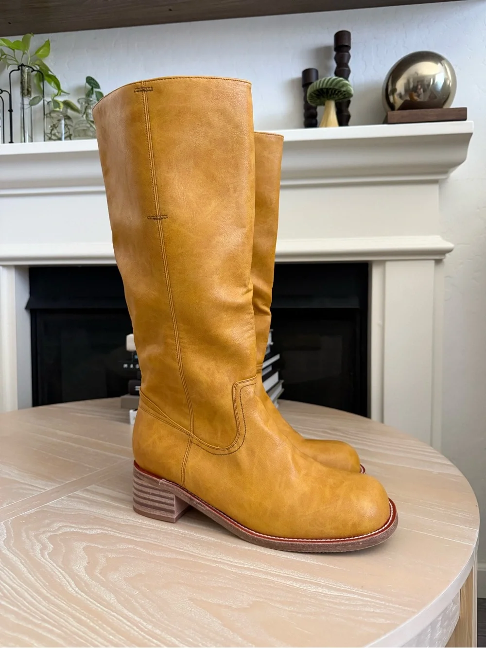 Boutique|Women's Tall  faux Leather Boots in Tan Mustard,stacked heel,size 12•••